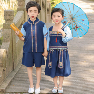 汉服男童民族风女童唐装儿童国风，夏装三月三壮族苗族演出服装套装