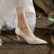 高级感婚鞋主婚纱新娘鞋2023春白色蕾丝高跟鞋气质伴娘礼服鞋日常
