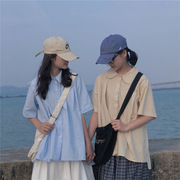 2021夏季韩版日系宽松娃娃，领短袖蓝色衬衫，女设计感小众上衣女