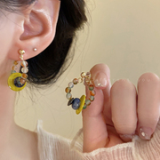 新中式天然石串珠(石串珠)耳环，女秋冬复古独特设计耳钉2023年网红耳饰
