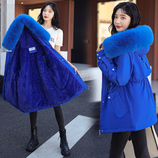 派克服2023女士，冬季加绒加厚棉袄，中长款蓝色羽绒棉衣棉服外套