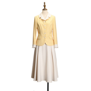 伊琪秋鹅黄色千鸟格羊毛外套白色斜纹面料半裙套装可定制