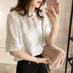雪纺蕾丝衫女短袖2024韩版宽松时尚洋气t恤女白色镂空上衣女