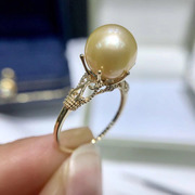 DIY珍珠配件 G18K黄金珍珠戒指空托 新潮指环女款 配8-9mm正圆珠