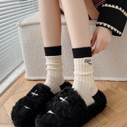 加厚保暖中筒袜ins潮短袜子针织黑白条纹堆堆袜秋冬白色小腿袜女