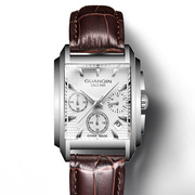 冠琴长方形皮带手表瑞士时尚男休闲真皮精钢夜光日历国产腕表