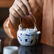 手绘青花满彩石榴茶壶家用功夫，茶具带过滤陶瓷，泡茶铜制提梁壶单壶