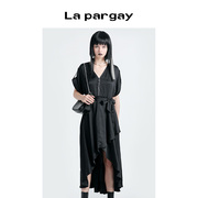 lapargay纳帕佳2024夏女装(夏女装)黑色，裙子休闲短袖长款衬衫式连衣裙