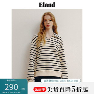 eland衣恋卫衣春季学院风，条纹v领套头，休闲卫衣外套女