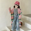 2024春季韩版童装女童，彩虹色毛线衣长款彩色条纹毛衣
