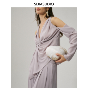 环保小众原创设计师品牌SIJIA春夏设计感纽结露肩雪纺衬衫紫