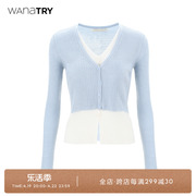 wanatry针织开衫浅蓝色v领撞色假两件叠穿薄款设计感上衣