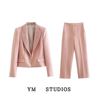 2023春装礼服式短款粉色女士西装外套+及踝OL风格西服裤上班套装