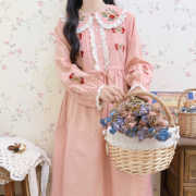 日系复古法式花园玫瑰绣花春季连衣裙收腰少女粉色长裙百搭森女
