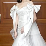 蝴蝶结缎布手纱白色新娘，臂纱造型拍照手套抹胸婚纱礼服手袖配饰