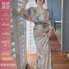 中式汉服中国风晨袍新娘，结婚伴娘礼服印花连衣裙，度假油画法式长裙