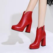2022短靴女粗跟真皮马丁靴红色厚底防水台高跟鞋单靴加绒靴子