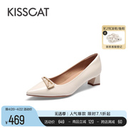 KISSCAT接吻猫2024春季优雅气质中跟鞋通勤粗跟尖头单鞋女
