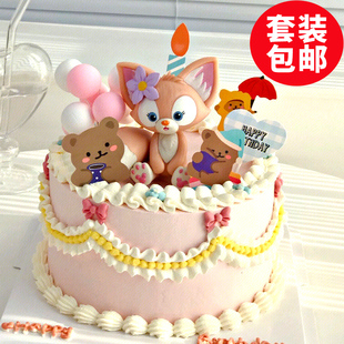 可爱狐狸蛋糕装饰网红女孩，粉色小狐狸摆件公主，生日派对甜品台装扮
