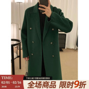阿茶与阿古墨绿色水波纹双面毛呢大衣男款冬季韩版中长款呢子外套