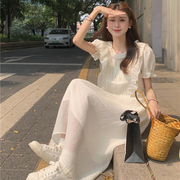 2023夏季小个子荷叶边系带，收腰雪纺连衣裙女韩版气质，米白色长裙潮
