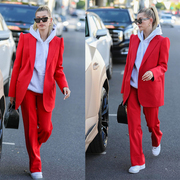 Hailey Baldwin海狸同款红色西装长袖外套+高腰长裤时尚套装女春
