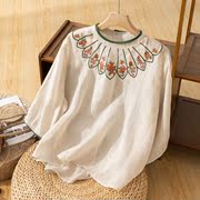 夏季民族风纯棉麻上衣女文艺复古重工刺绣宽松套头七分袖衬衫