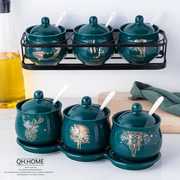 轻奢陶瓷调料罐套装，祖母绿调味瓶四件套，家用壁挂调味盒厨房收纳罐