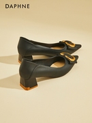 达芙妮尖头粗跟高跟鞋女鞋子，2024春秋黑色单鞋，设计感小众气质