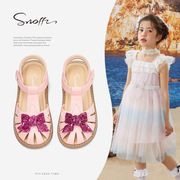 斯纳菲女童凉鞋，夏新小女孩软底防滑包头公主鞋儿童单鞋粉色蝴蝶结