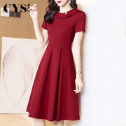 短袖名媛红色连衣裙，女2024年夏季法式复古气质，赫本风收腰裙子