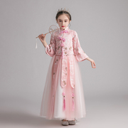 中国风女童汉服春秋超仙襦裙儿童唐装粉色长袖10岁女孩古装连衣裙