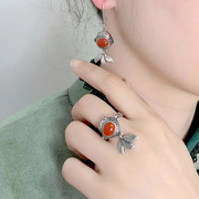 泰银锦鲤红玛瑙戒指女复古简约个性指环小众设计镂空食指藏银饰品