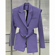 2023夏气质长袖小众束腰腰带紫色露腰西装裙两件套外套 正版