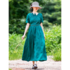 设计师独立款 仙衣裾亚麻墨绿色连衣裙夏季气质女士漂亮裙子