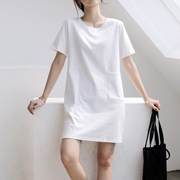 白色短袖t恤裙女夏季2024韩版简约纯棉宽松中长款开叉连衣裙