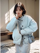 海盐蓝色短款女2024年冬季韩版时尚小个子，圆领棉服外套韩系潮
