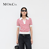 MOCO奥莱法式POLO领羊毛条纹短袖薄针织衫度假风红色条纹开衫