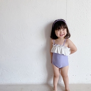 ins女童女宝宝白色荷叶，花边紫色粉色连体，泳衣后背交叉带吊带泳装