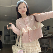 法式甜美可爱粉色蕾丝拼接针织毛衣开衫女设计感小众气质外套上衣