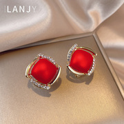 珍珠耳钉女2022年潮秋冬纯银耳饰红色小众设计法式高级感耳环