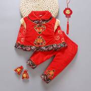 儿童唐装女童冬装新年棉衣女宝宝0-1-2岁生日，礼服加厚中国风套装