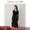 微屿黑色结构镂空不对称天丝，罗纹针织拼接连衣裙，2023秋季长裙