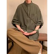 军绿色短袖衬衫男夏季日系时尚，cityboy纯棉七分袖衬衣宽松薄外套