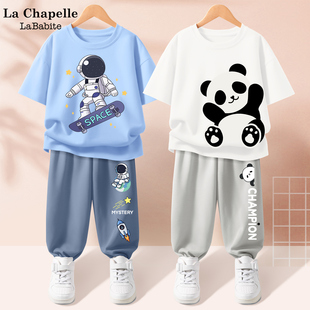 拉夏贝尔男童夏季套装，2024童装小童夏装运动男孩儿童熊猫衣服