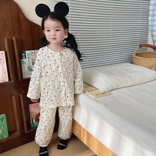韩国儿童家居服秋季纱布纯棉睡衣女童双层泡泡纱长袖套装男童