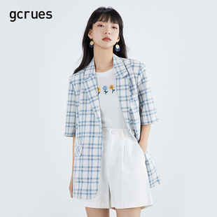 gcrues格子小西装外套，女薄款夏季开叉，方领韩版五分袖上衣宽松
