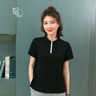 yun韫2024夏季女装简约门襟，拉链套头宽松纯色，翻边短袖t恤衬衫