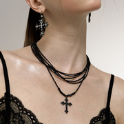 多层水晶复古十字架组合串珠，项链欧美简约甜酷暗黑风吊坠锁骨链