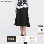 sdeer圣迪奥半身裙女装，休闲抽褶拼接不规则黑色半身长裙s21361106